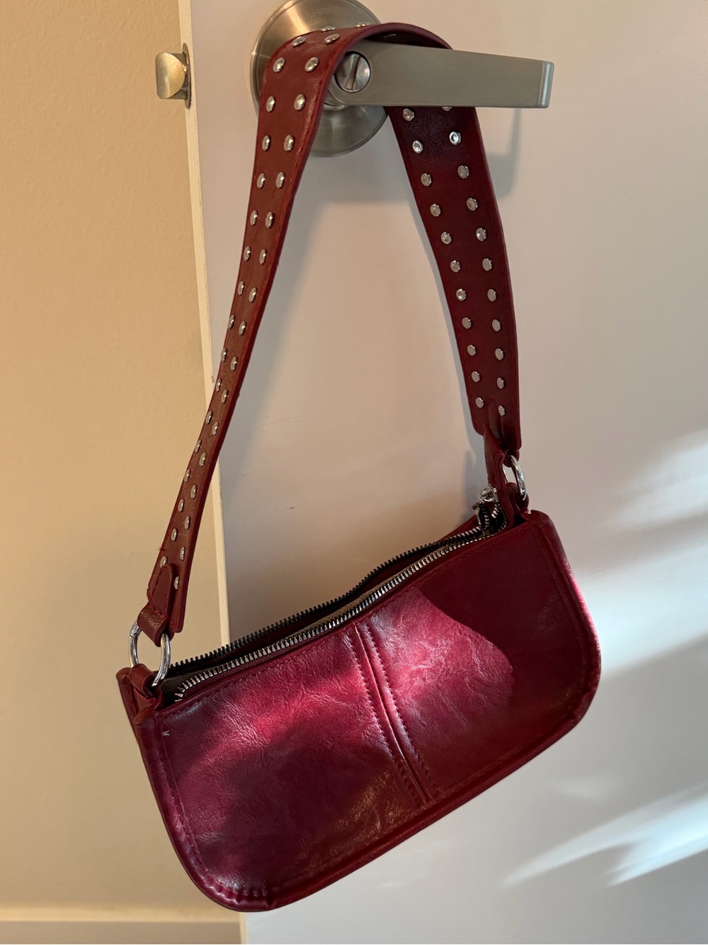 Deep Red Shoulder Bag with Stud-Trim Strap - Picture 2 of 2